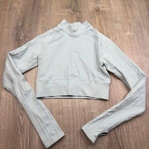 Alo Yoga Seamless Cable Knit Long Sleeve Crop Top Light Blue Size M Medium